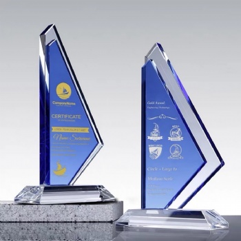 ADL Blue Crystal Glass Awards Trophy with Printed Sandblasting Engraving Customized Logo and Words Trophy from China