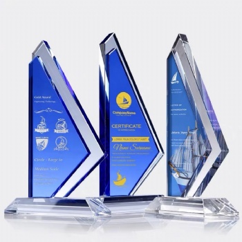 ADL Blue Crystal Glass Awards Trophy with Printed Sandblasting Engraving Customized Logo and Words Trophy from China