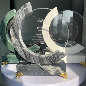 ADL New Design Round Crystal Glass Award Trophy with Green Black White Stone Base with Metal