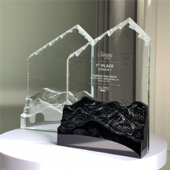 ADL New Design Mountain Peak Black White Crystal Glass Award Trophy with Stone Base for the First One Trophy