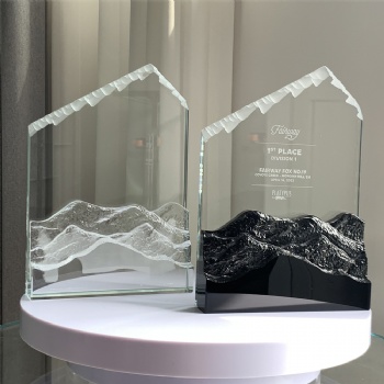 ADL New Design Mountain Peak Black White Crystal Glass Award Trophy with Stone Base for the First One Trophy