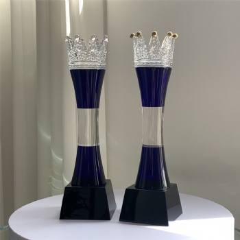 ADL Crown Crystal Glass Trophy with Blue Pillar Gold Crown for Performance Trophy No.1 Trophy Awards