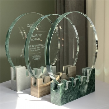 ADL Round Crystal Glass Trophy with Stone Base with Mountain Peak Shape for Sport Trophy