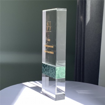 ADL Rectangle Crystal Glass Trophy with Green Stone for Customized Awards Customized Logo or Words