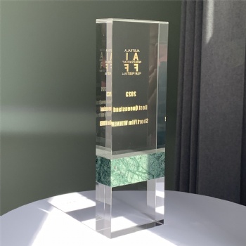 ADL Rectangle Crystal Glass Trophy with Green Stone for Customized Awards Customized Logo or Words