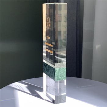 ADL Rectangle Crystal Glass Trophy with Green Stone for Customized Awards Customized Logo or Words