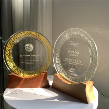 ADL New Design 2023 Crystal Glass Plate Shaped First Awards Trophies with Wooden Base for Souvenir Gifts