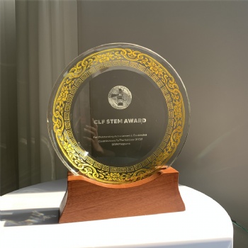 ADL New Design 2023 Crystal Glass Plate Shaped First Awards Trophies with Wooden Base for Souvenir Gifts