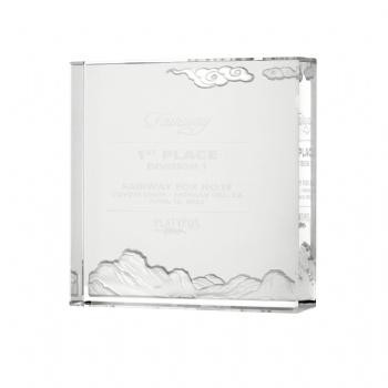 ADL 2024 New Design Crystal Clear White Glass Cuboid Square Trophy Awards with Sand Blast Logo Auspicious Clouds