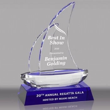 ADL New Design Blue Clear Crystal Glass Sailboat Trophy Awards for Company Awards Business Gifts