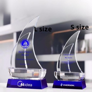 ADL New Design Blue Clear Crystal Glass Sailboat Trophy Awards for Company Awards Business Gifts