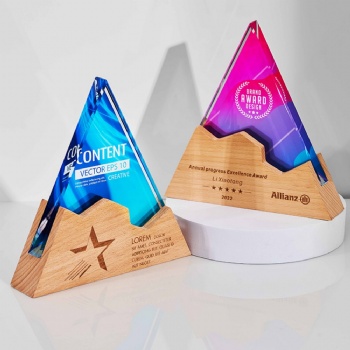 ADL 2023 New Design Crystal Glass Trophy with Wooden Base with Colorful Background Customized Logo and Words