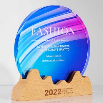 ADL 2023 New Design Crystal Glass Trophy with Wooden Base with Colorful Background Customized Logo and Words