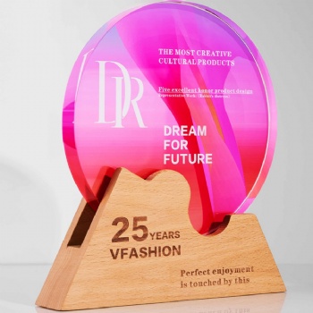 ADL 2023 New Design Crystal Glass Trophy with Wooden Base with Colorful Background Customized Logo and Words