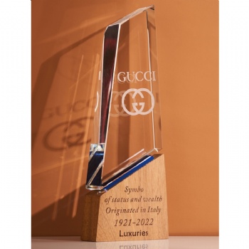 ADL New Design Crystal Glass Trophy with Beech Wooden with Colorful Background Customized Logo and Words for Activity Events