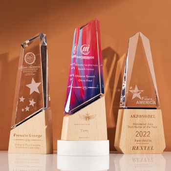 ADL New Design Crystal Glass Trophy with Beech Wooden with Colorful Background Customized Logo and Words for Activity Events