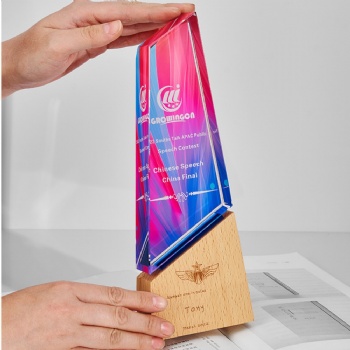 ADL New Design Crystal Glass Trophy with Beech Wooden with Colorful Background Customized Logo and Words for Activity Events