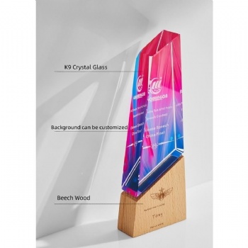 ADL New Design Crystal Glass Trophy with Beech Wooden with Colorful Background Customized Logo and Words for Activity Events