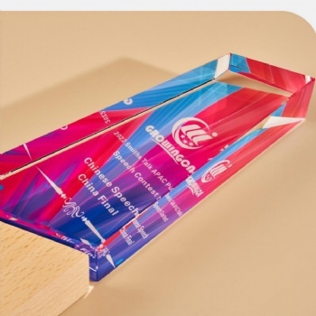 ADL New Design Crystal Glass Trophy with Beech Wooden with Colorful Background Customized Logo and Words for Activity Events