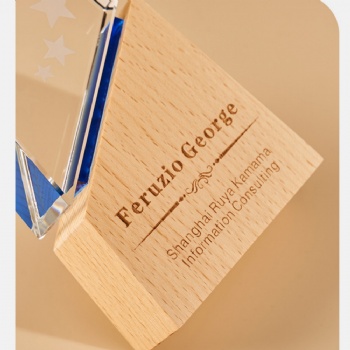 ADL New Design Crystal Glass Trophy with Beech Wooden with Colorful Background Customized Logo and Words for Activity Events