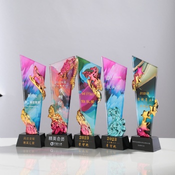 Colorful Painted Background Crystal Glass Horse Stars Trophy Awards Engraved Logo Business Crystal Crafts