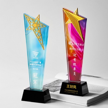 ADL Star Colorful Customized Backgounrd Glass Crystal Awards Trophy Laser Printed Words Logo Glass Plaques Business Craft Gifts