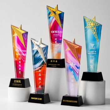 ADL Star Colorful Customized Backgounrd Glass Crystal Awards Trophy Laser Printed Words Logo Glass Plaques Business Craft Gifts