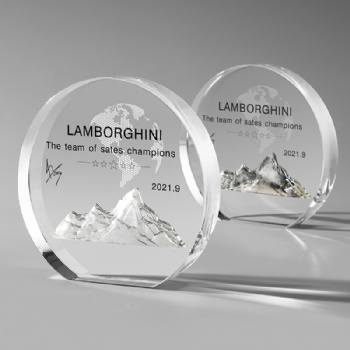 Newly Designed Award Plaque Polished Clear Round Shape Inner Carving Uv Printing Crystal Glass Trophy