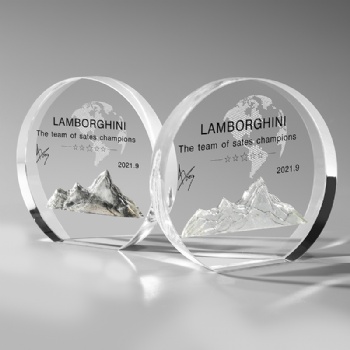 Newly Designed Award Plaque Polished Clear Round Shape Inner Carving Uv Printing Crystal Glass Trophy