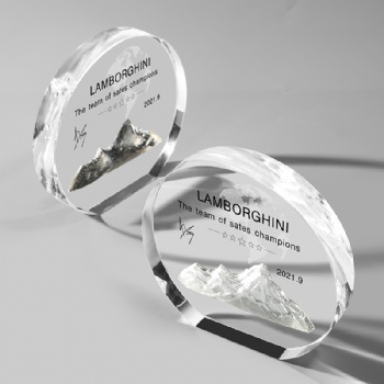 Newly Designed Award Plaque Polished Clear Round Shape Inner Carving Uv Printing Crystal Glass Trophy