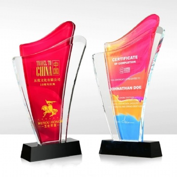 Best Selling Customization logo Colorful Background Crystal Glass Trophy for Souvenir