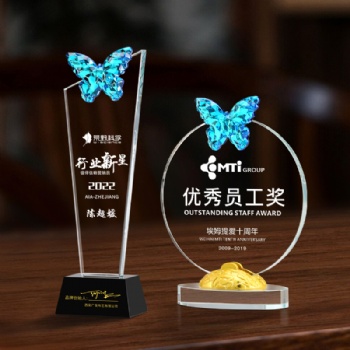 Manufacturer direct Sales new design Crystal Glass Trophy with Butterfly for Souvenir Gifts Awards