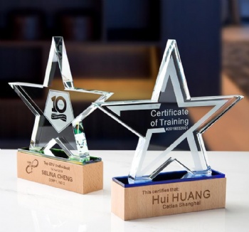 New Wooden Creative Company Annual Meeting Souvenir Blank Crystal Star Wood Trophy Plaque Manufacture Wholesale CheapTrophy