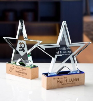 New Wooden Creative Company Annual Meeting Souvenir Blank Crystal Star Wood Trophy Plaque Manufacture Wholesale CheapTrophy