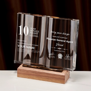 ADL Classic Wooden Plaques Book Trophy Awards Crystal Glass Laser Trophy with Engraved Customized Logo Words Trophy for Souvenir