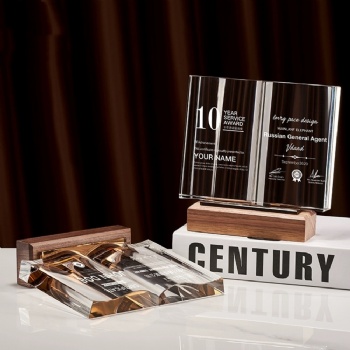 ADL Classic Wooden Plaques Book Trophy Awards Crystal Glass Laser Trophy with Engraved Customized Logo Words Trophy for Souvenir