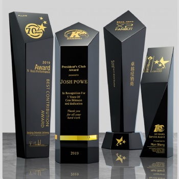 ADL Factory Wholesales High Grade All Black Crystal Glass Trophy Awards with Customized Logo and Words Business Crystal Gifts