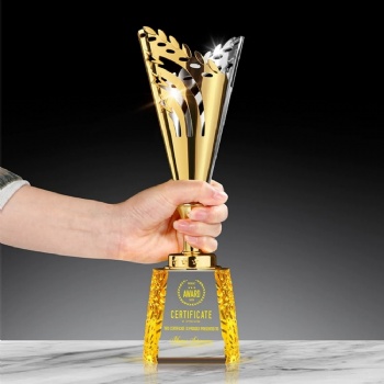 ADL LuxuriousHigh Quality Metal Stars Crystal Glass Trophy Awards with Customized Logo Words Honor Business Crystal Crafts Gifts