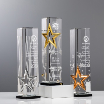 Custom Crystal Glass Trophy with Gold Silver Bronze Metal Star and Color UV Printing for Award Ceremony Corporate Gift