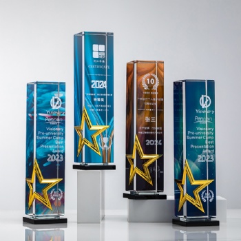 Custom Crystal Glass Trophy with Gold Silver Bronze Metal Star and Color UV Printing for Award Ceremony Corporate Gift
