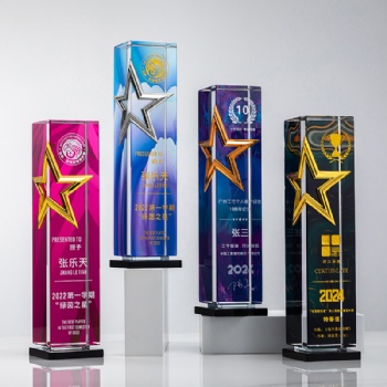 Custom Crystal Glass Trophy with Gold Silver Bronze Metal Star and Color UV Printing for Award Ceremony Corporate Gift